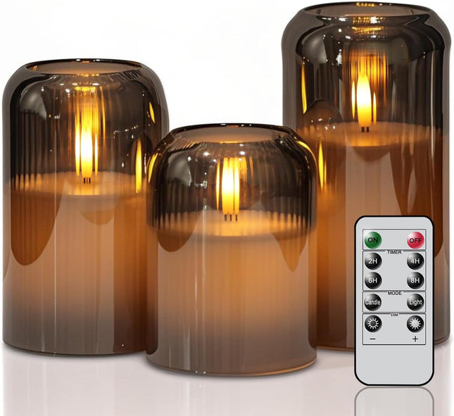 Striped Glass Flameless Candles Battery Operated with Remote Timer