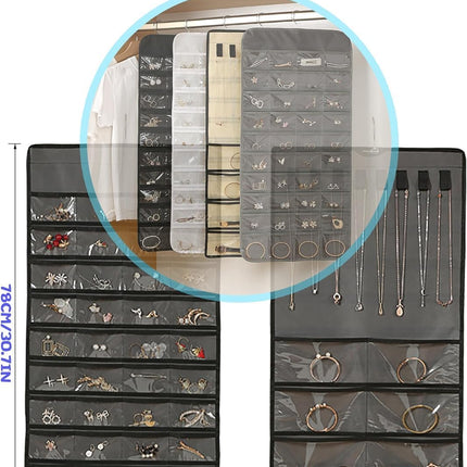 Hanging Jewelry Organizer: Necklace & Earring Holder with Pockets for Closet, Wall or Door (Grey)