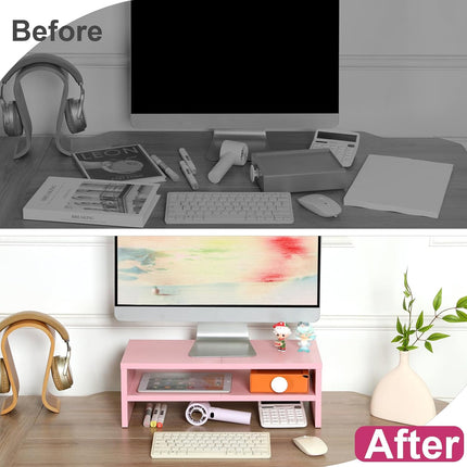 DS502P  20 Inch Pink Monitor Riser Stand - 2 Tiers, Wood Desktop Bookshelf