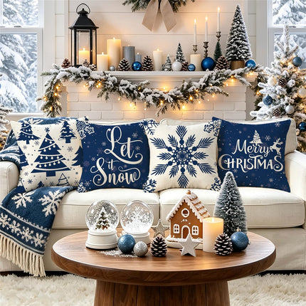 Christmas Pillow Covers 18X18 Blue Christmas Decorations Snowflake Throw Pillow Covers Xmas Tree Winter Holiday Decor Cushion Case for Sofa Couch Set of 4