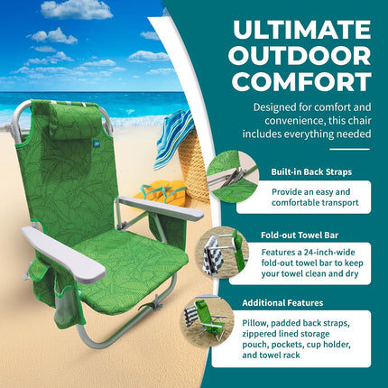 Folding Beach Chair with Cooler Bag, Green Banana Leaves