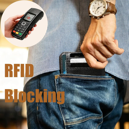 Slim Front Pocket Leather Wallet for Men and Women, RFID Blocking Minimalist Wallet with Clear ID Window, Slim Bussiness Card Holder Gift for Men Women
