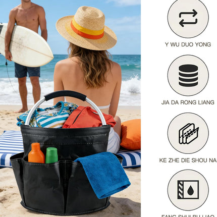 Tool Bucket Organizer 2-Pack, 17L Foldable Cleaner Caddy with 6 Pockets，Handle for Garden、Family and Bathroom, Can Also Be Used as a Beach Basket or Shopping Basket，Black+Navy Blue