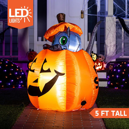 5 Ft Halloween Inflatable Animated Cat on Pumpkin,Halloween Outdoor Decoration with LED Lights,Blow up Decoration for Yard & Lawn,Party