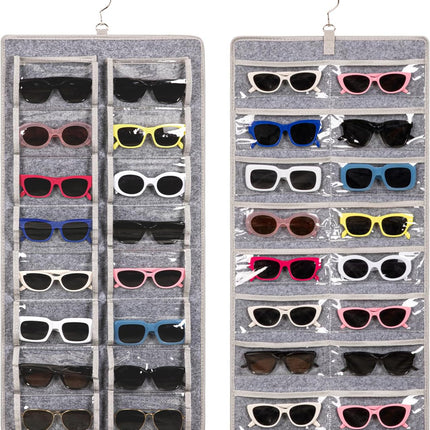 Dual Sided Sunglasses Storage Organizer Case, Eyeglasses Holder Wall Mounted with 32 Clear Slots & Metal Hook, Dust Proof Sunglasses Storage Case