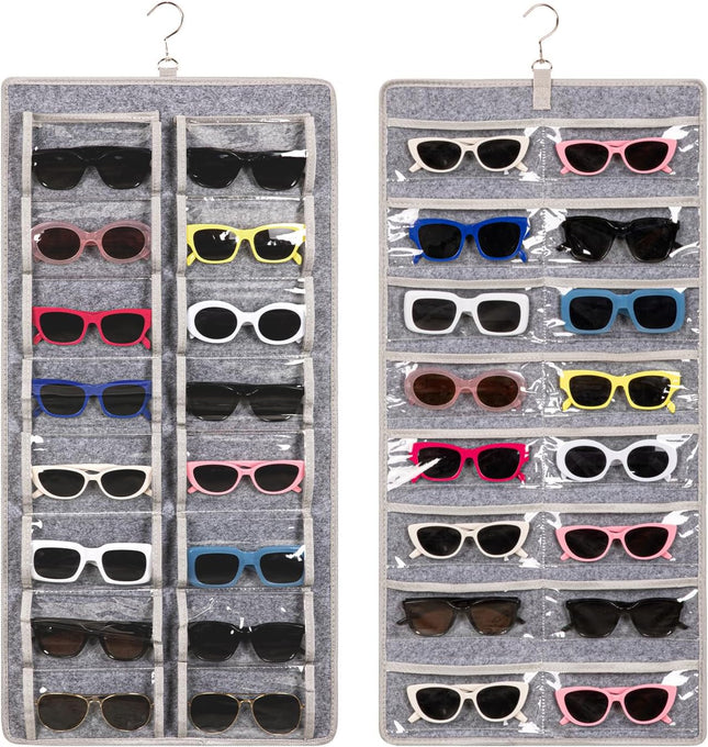 Dual Sided Sunglasses Storage Organizer Case, Eyeglasses Holder Wall Mounted with 32 Clear Slots & Metal Hook, Dust Proof Sunglasses Storage Case