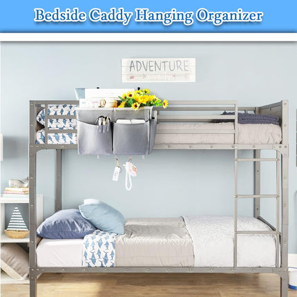 Bedside Caddy Organizer 5 Pockets and 4 Hooks for Bunk Bed Grey