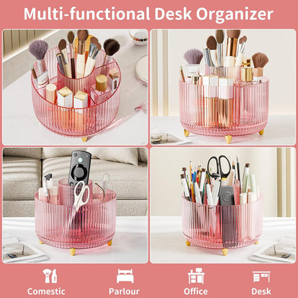 Clear Rotating Makeup Organizer Countertop for Vanity, 360° Makeup Brush Holder Organizer with 5 Compartments, Transparent Cosmetic Storage for Lipstick, Skincare, Bathroom Counter (Transparent Pink)