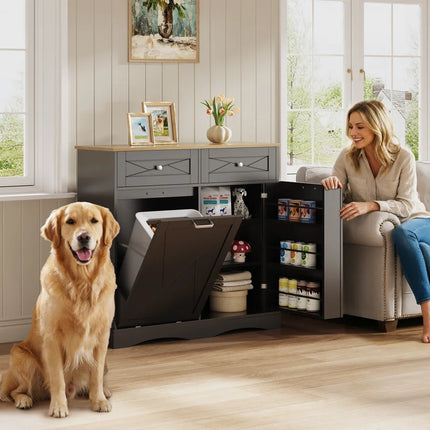 All-In-One Dog Food Station & Storage Cabinet – Tilt-Out Bin Compartment, Adjustable Shelves, Waterproof Finish