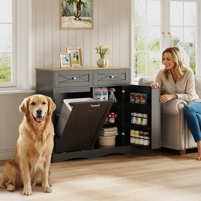 All-In-One Dog Food Station & Storage Cabinet – Tilt-Out Bin Compartment, Adjustable Shelves, Waterproof Finish