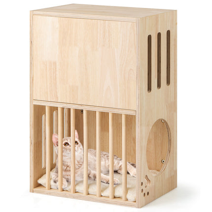 2-Tier Wooden Cat Condo Indoor Symmetrical Cat House with Removable Cushions