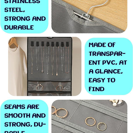 Hanging Jewelry Organizer: Necklace & Earring Holder with Pockets for Closet, Wall or Door (Grey)