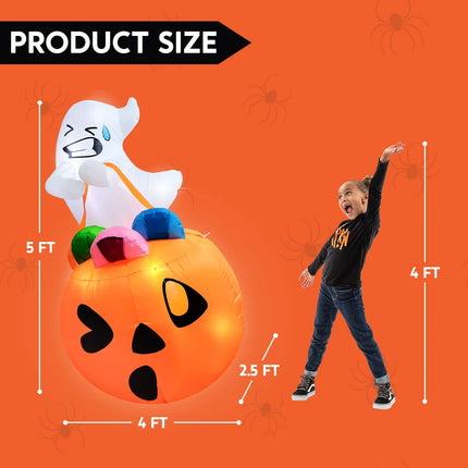 5Ft Halloween Inflatables Light up Cute Ghost,Blow up Ghost Lift Pumpkin Candy Bag with Build-In Leds for Yard Decorations