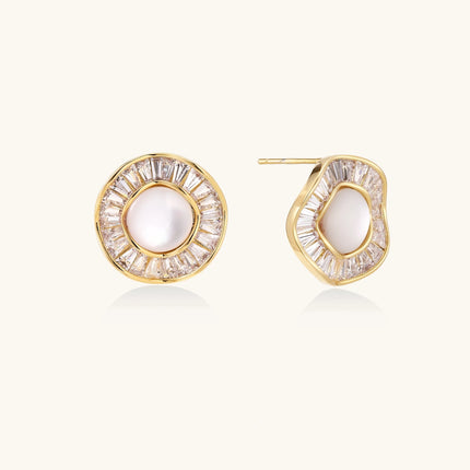 Round 14K gold-plated stud earrings with a mother of pearl center surrounded by baguette-cut crystals, 16mm.