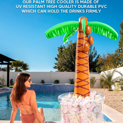 60" Inflatable Palm Tree Ice Chest Cooler,Luau Party Decorations,Summer Outdoor Drink Cooler with Drink Holder