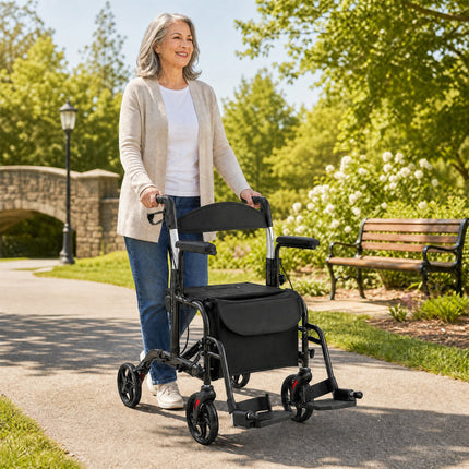 2-In-1 Folding Rollator Walker with Adjustable Handles and Reversible Backrest