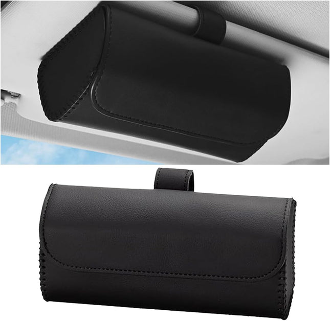 Magnetic Leather Sunglasses Case for Car Visor Clip - Sunglasses Holder Clip for Car Sun Visor - Eyeglass Hanger Mounter Storage Box Auto Glasses Clip Holder Organizer Protective Box (Black)