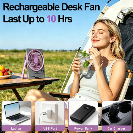 7.09" Small Portable Fan Rechargeable Battery Powered,6 Speeds Personal Mini Table Desk Fan for Office Bedroom,Travel Fan for Sleeping,Cruise Ship Beach Vocation Travel Essentials,Purple