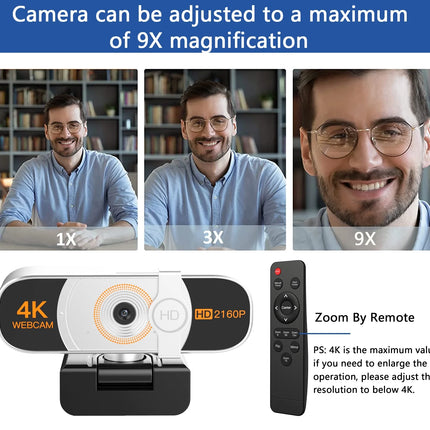 4K Webcam, Auto-Zoom,With Remote Control,Privacy Cover, White Balance, Webcam with Microphone, Plug & Play, 4K Web Camera for Pc/Laptop/Desktop, Video Calling,Conferencing