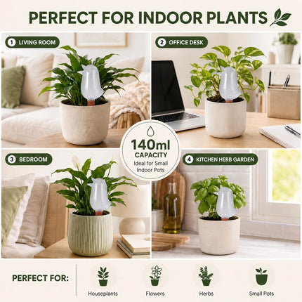 4 Pack Self Watering Spikes for Indoor Plants, Plant Watering Devices with Bird Shape, Automatic Irrigation Spikes for Potted Plants, Vacation Plant Waterer System (Transparent)