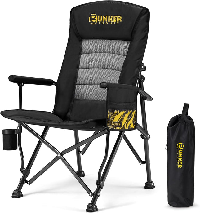 Folding Camping Chair, Oversized with Padded Cushion, Outdoor Chair with Cup Holder Storage Pockets, Adjustable High Backrest Supports 450 LBS for Beach, Fishing, Overland Trips