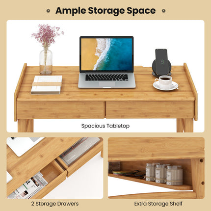 Bamboo Writing Desk with 2 Storage Drawers and Open Shelf