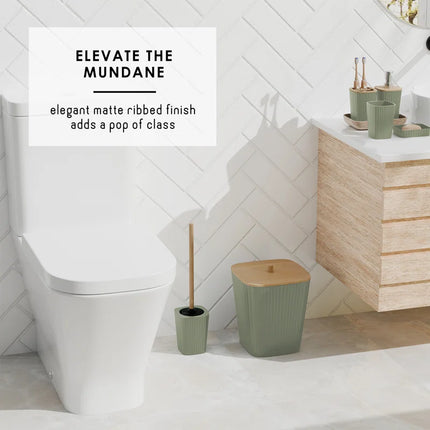 Complete 6 Piece Bathroom Accessory Set with Bamboo Accents, Trash Can & Toilet Brush Included