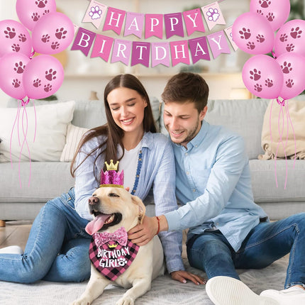 Dog Birthday Party Supplies, Dog Birthday Hat Bandana Scarf with Cute Bow Tie, Flag, Balloons for Small Medium Dogs Pets, Doggie Party Supplies Decorations