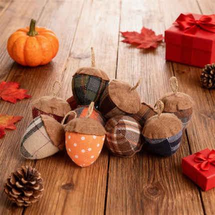 Felt Acorn Ornament, 3.15", Plaid and Polka Dot Pattern, Set of 12