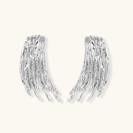 Silver-toned earrings with flowing liquid-like strands cascading downward, made from eco-zinc alloy with S925 posts