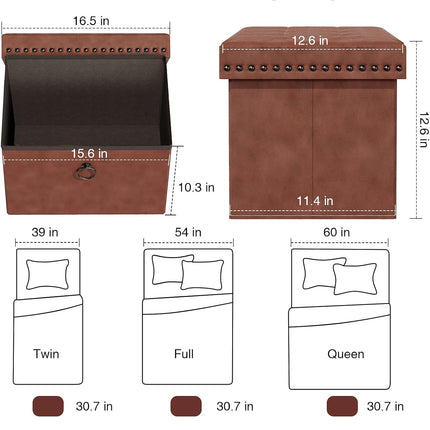 Ottoman Faux Leather Storage Ottoman Bench, Rectangular Storage Ottoman for Bedroom End of Bed, Brown Leather Footrest Ottoman with Toy Blanket Storage 16" D X 12" W X 12" H (Small)