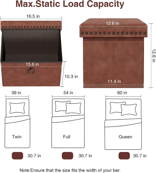 Ottoman Faux Leather Storage Ottoman Bench, Rectangular Storage Ottoman for Bedroom End of Bed, Brown Leather Footrest Ottoman with Toy Blanket Storage 16" D X 12" W X 12" H (Small)