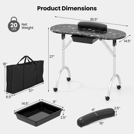 Foldable Portable Manicure Table with Drawer Casters and Cushion