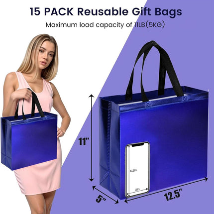 15 Pack Blue Gift Bags with Handles, 12.6 X 5 X 11 Inches