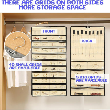 Hanging Jewelry Organizer: Necklace & Earring Holder with Pockets for Closet, Wall or Door (Grey)