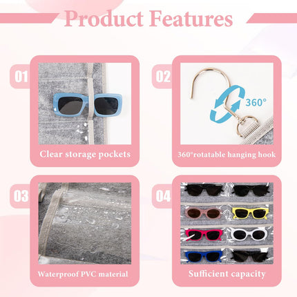 Dual Sided Sunglasses Storage Organizer Case, Eyeglasses Holder Wall Mounted with 32 Clear Slots & Metal Hook, Dust Proof Sunglasses Storage Case