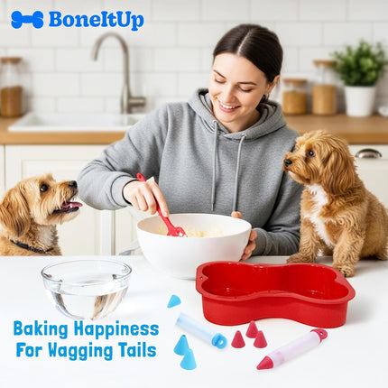 Dog Birthday Cake Kit - Bake Birthday Cakes for Dogs - Dog Party Supplies Set with - Large Cake Mold, 3 Vet-Backed Cake Recipes, 2 Drawing Pens, 10 Balloons, Birthday Hat & Bow