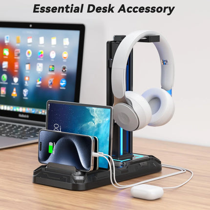 Charging Station, Headphone Stand RGB, Controller Holder with USB A&C PC Gaming Accessories Storage