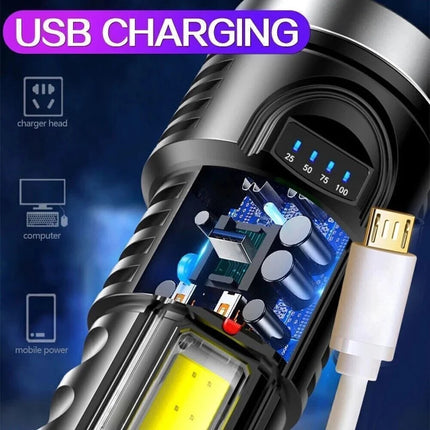 LED Flashlight Torch Rechargeable Work Light Built-In Battery