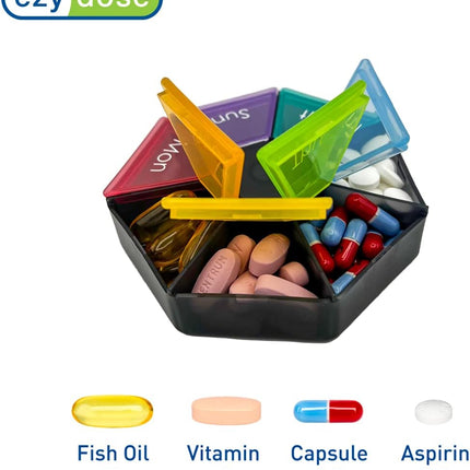 Weekly (7-Day) Pill Organizer, Medicine Planner, Rainbow/Black