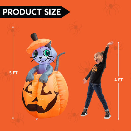 5 Ft Halloween Inflatable Animated Cat on Pumpkin,Halloween Outdoor Decoration with LED Lights,Blow up Decoration for Yard & Lawn,Party