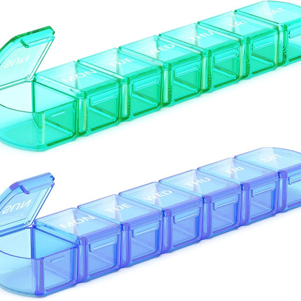 Extra Large Pill Organizer 2 Pack, XL Pill Box 7 Day, Weekly Pill Case with Large Capacity, Jumbo Organizer, BPA Free (Blue+Green)