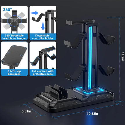 Charging Station, Headphone Stand RGB, Controller Holder with USB A&C PC Gaming Accessories Storage
