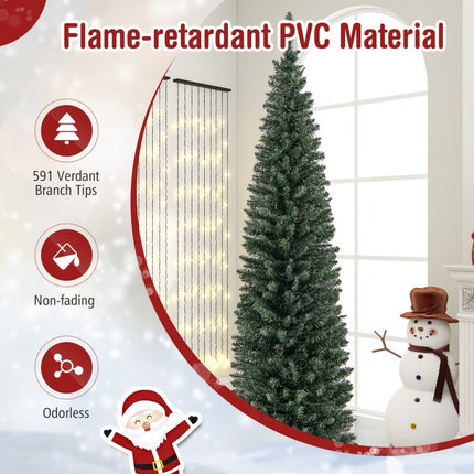 5/6/7/8/9 Feet Pre-Lit Pencil Artificial Christmas Tree with 150/180/200//300/400 Warm White LED Lights