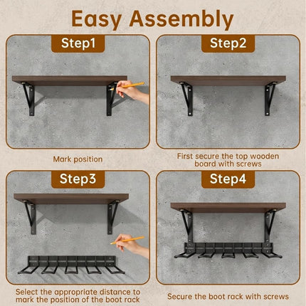 Wall Mount Boot Rack, Garden Tool Organizer with Curved Hooks & Wood Shelf