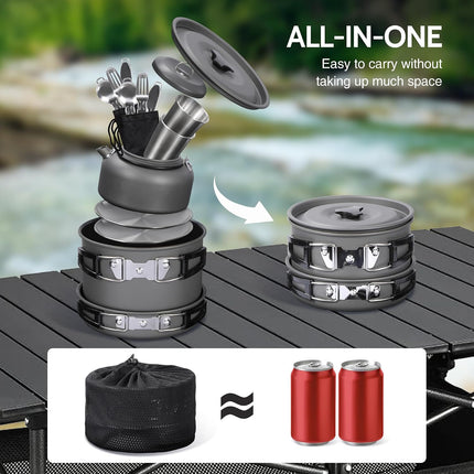 6/10/11/12/14/15/19 PCS Camping Cookware Mess Kit Camping Gear Campfire Utensils Lightweight Stackable Pot Pan Bowls Soup Spoon with Storage Bag for Camping, Backpacking, Outdoor Cooking