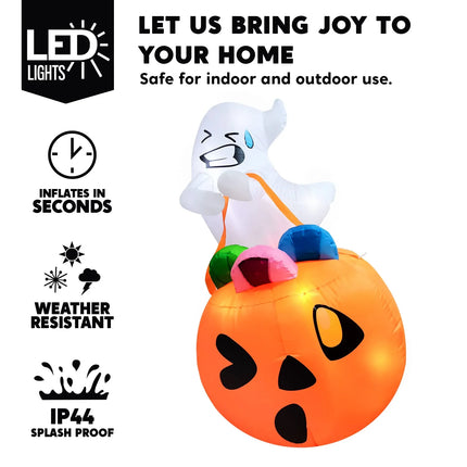 5Ft Halloween Inflatables Light up Cute Ghost,Blow up Ghost Lift Pumpkin Candy Bag with Build-In Leds for Yard Decorations