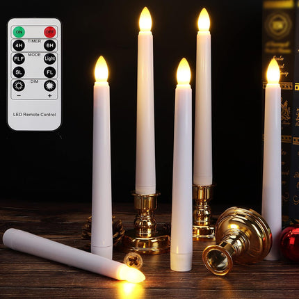 Flameless Window Candles with Gold Bases, Battery Operated Taper Candle with 4H/6H Daily Timer, Remote Window Candle with Unique Flame