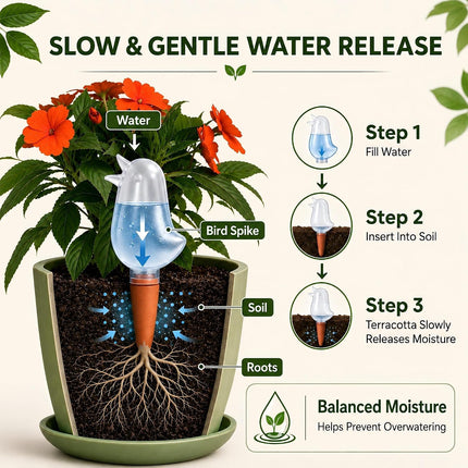 4 Pack Self Watering Spikes for Indoor Plants, Plant Watering Devices with Bird Shape, Automatic Irrigation Spikes for Potted Plants, Vacation Plant Waterer System (Transparent)