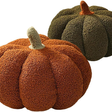 Halloween or Thanksgiving Decorative Pumpkin Throw Pillow Pumpkin Shaped Pillow 3D Simulated Pumpkin Pillows for Home Fall Autumn Decoration(Brown 9''+ Green 9'')
